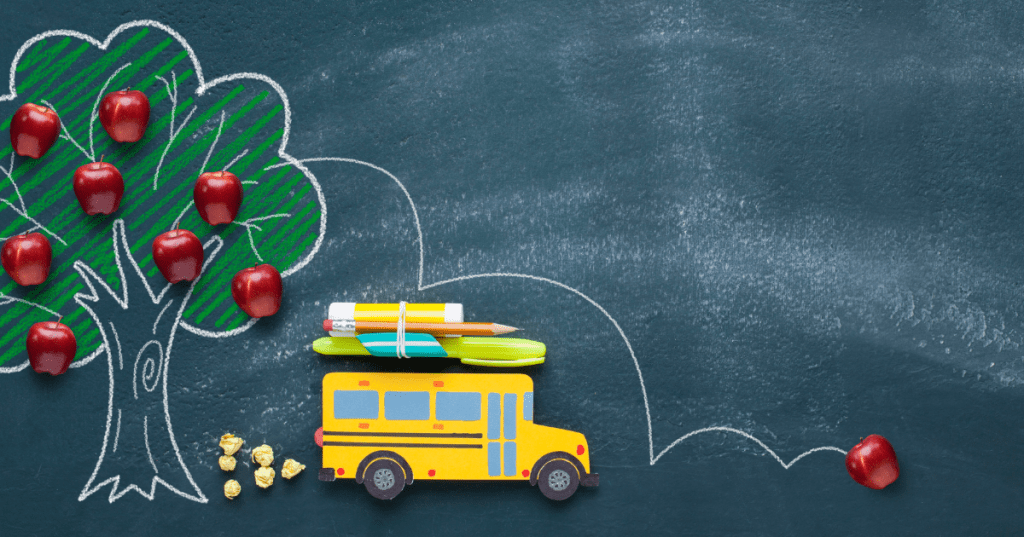 Bus traveling to school with supplies.